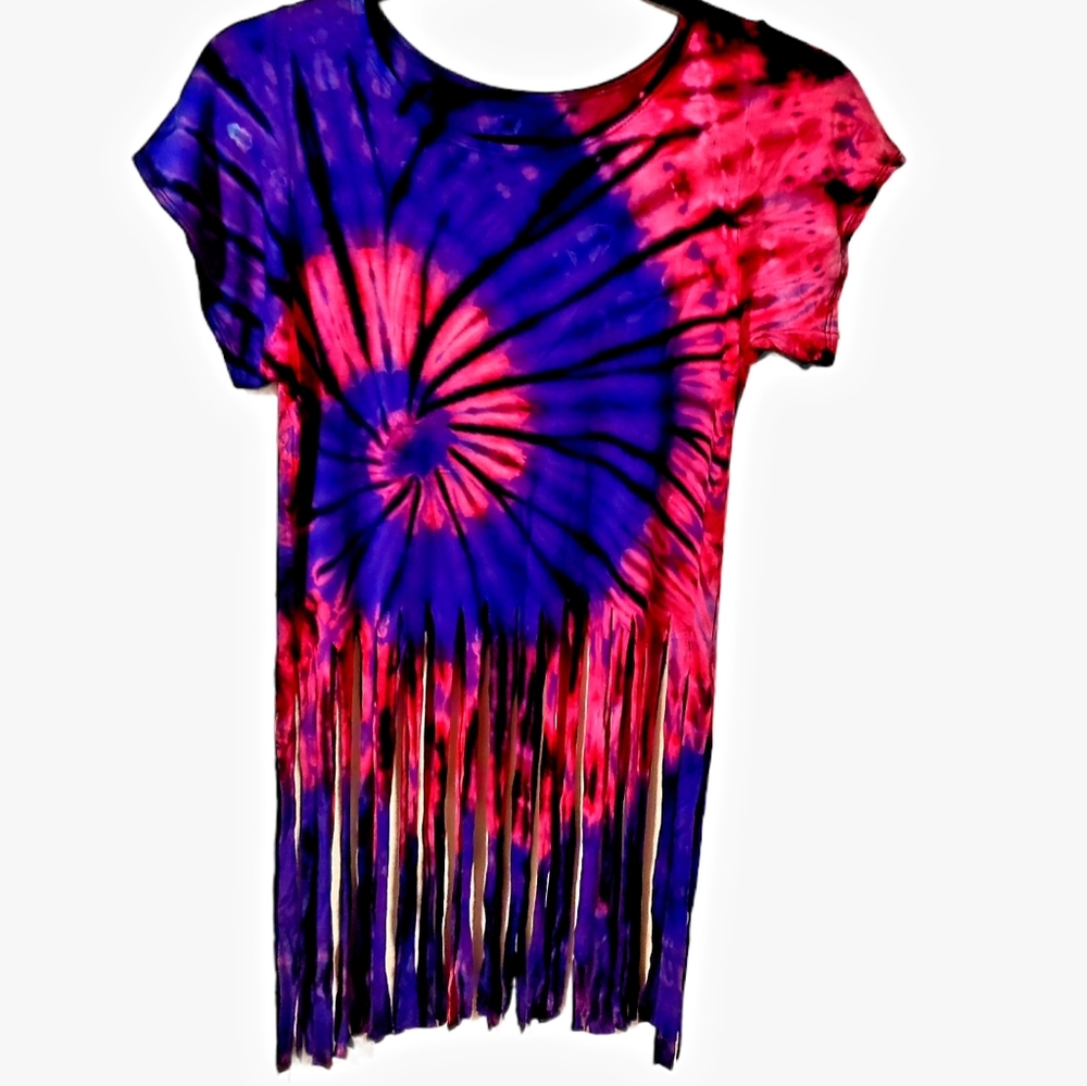 TIE DYE Rayon Stretch Fringe Crop S/S Top-***4 Colors Avail.***O/S